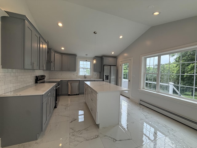 439 New Hanover Ave, Meriden, CT 06451 - kitchen featuring stainless steel appliances, gray cabinetry, a baseboard heating unit, backsplash, and recessed lighting