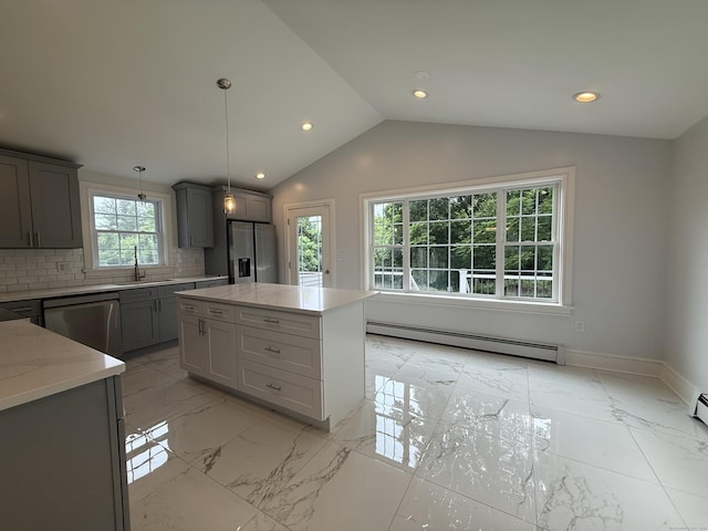 439 New Hanover Ave, Meriden, CT 06451 - kitchen with a baseboard heating unit, stainless steel appliances, light marble finish floors, gray cabinetry, and recessed lighting