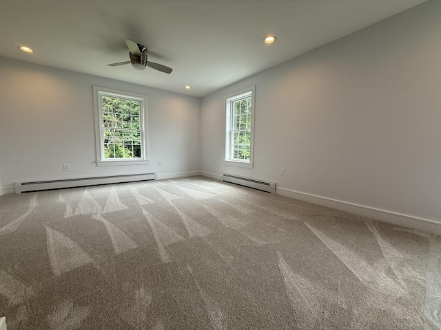 439 New Hanover Ave, Meriden, CT 06451 - carpeted spare room with baseboard heating, a baseboard radiator, ceiling fan, and recessed lighting