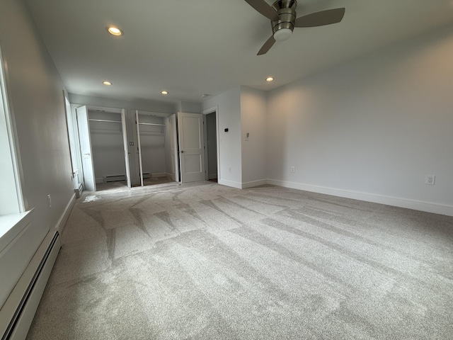 439 New Hanover Ave, Meriden, CT 06451 - spare room with a baseboard heating unit, light carpet, recessed lighting, a ceiling fan, and a baseboard radiator