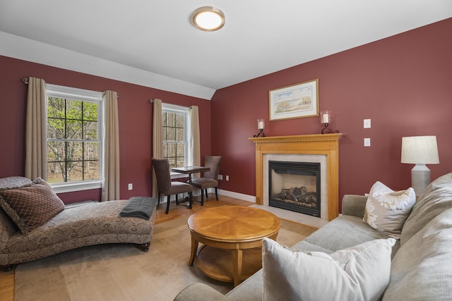 living area featuring baseboards, wood finished floors, and a fireplace with flush hearth