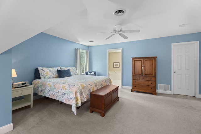 bedroom with visible vents, baseboards, a ceiling fan, and light carpet