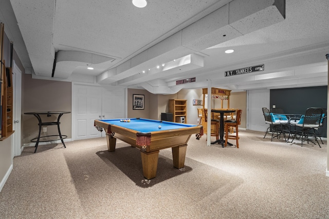playroom with baseboards, carpet floors, and pool table