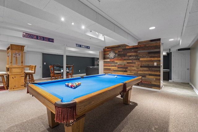 playroom with wood walls, baseboards, recessed lighting, pool table, and carpet
