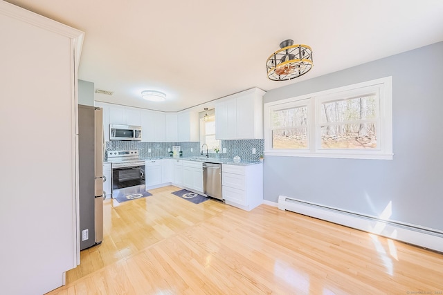 106 Lorraine Ter, Middletown, CT 06457 - kitchen with decorative backsplash, white cabinets, a sink, stainless steel appliances, and baseboard heating
