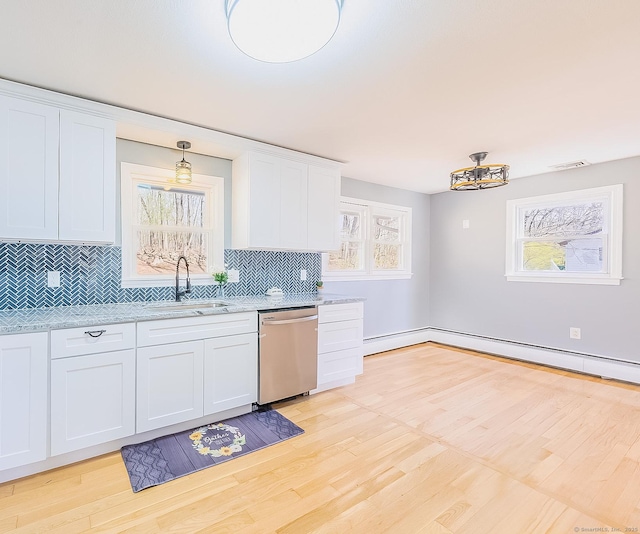 106 Lorraine Ter, Middletown, CT 06457 - kitchen with a sink, decorative backsplash, a healthy amount of sunlight, stainless steel dishwasher, and white cabinets