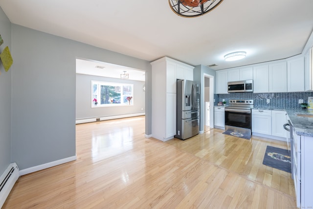 106 Lorraine Ter, Middletown, CT 06457 - kitchen featuring stainless steel appliances, a baseboard heating unit, light wood-style floors, baseboard heating, and white cabinets