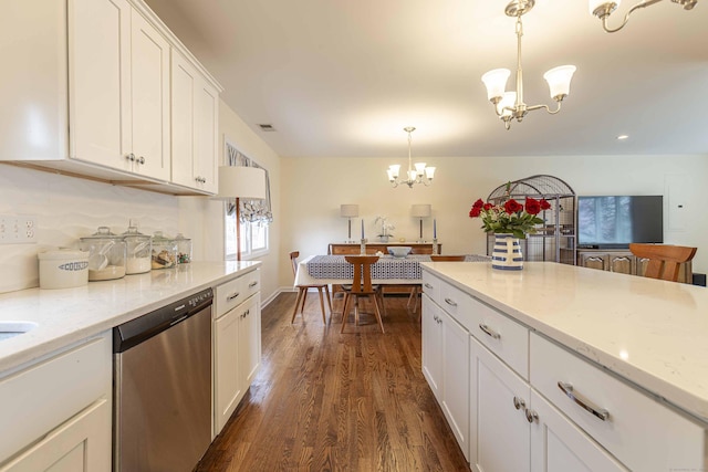 kitchen with dark wood-style floors, a chandelier, white cabinetry, dishwasher, and hanging light fixtures