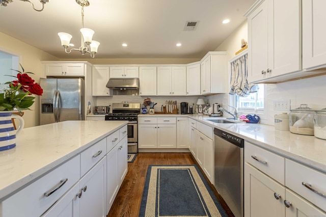 kitchen featuring stainless steel appliances, under cabinet range hood, white cabinets, a sink, and visible vents