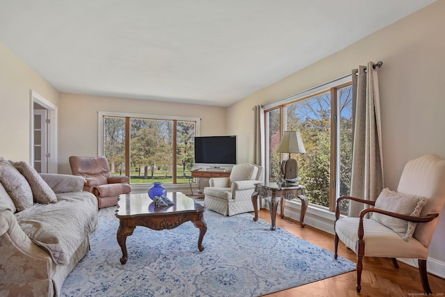living area featuring baseboards
