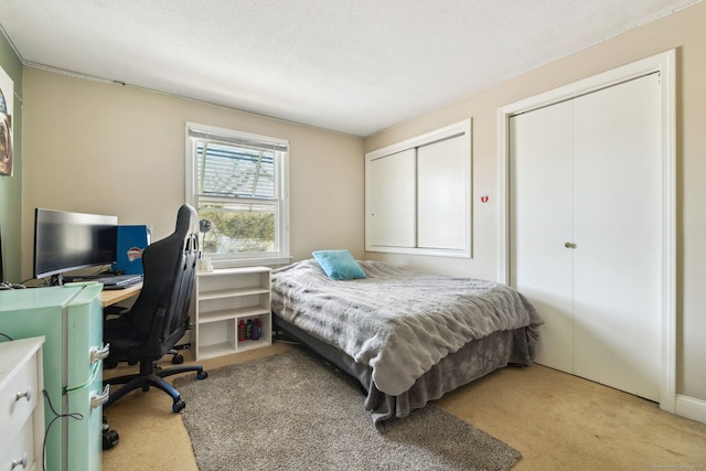 bedroom featuring light colored carpet and a closet