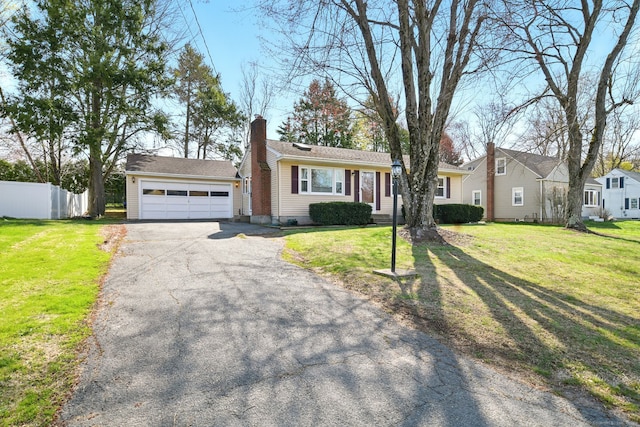 94 Maple Ridge Dr, Somers, CT 06071 - ranch-style house with a front lawn, a chimney, and fence