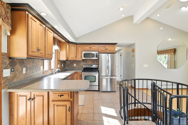 94 Maple Ridge Dr, Somers, CT 06071 - kitchen featuring plenty of natural light, lofted ceiling with beams, stainless steel appliances, backsplash, and a peninsula