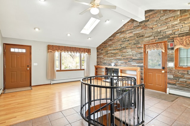 94 Maple Ridge Dr, Somers, CT 06071 - dining room featuring ceiling fan, beam ceiling, a baseboard radiator, and light tile patterned floors
