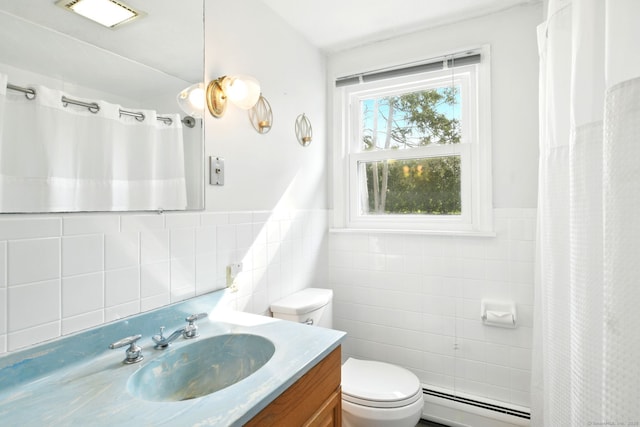 94 Maple Ridge Dr, Somers, CT 06071 - bathroom featuring tile walls, vanity, toilet, and baseboard heating