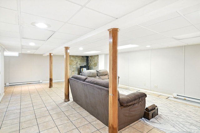 94 Maple Ridge Dr, Somers, CT 06071 - living area with baseboard heating, a paneled ceiling, and light tile patterned floors