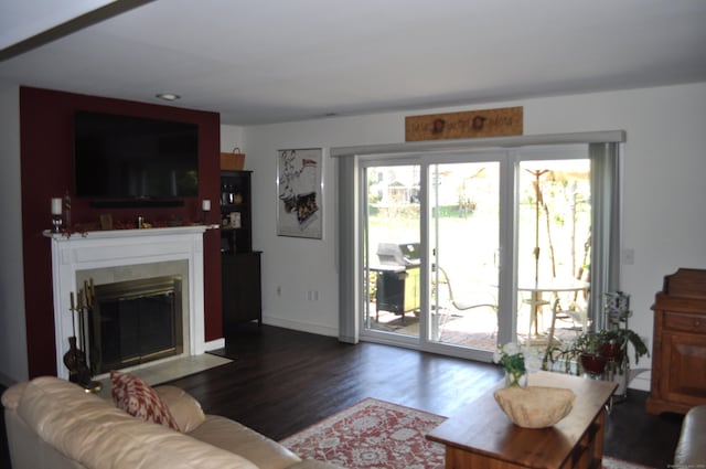 1 E Hayestown Rd Unit 142, Danbury, CT 06811 - living room with recessed lighting, baseboards, a fireplace with flush hearth, and dark wood-type flooring