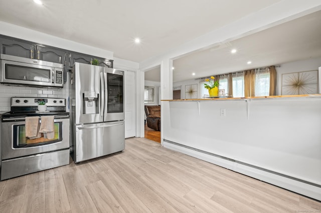 kitchen with appliances with stainless steel finishes, light wood finished floors, recessed lighting, decorative backsplash, and a baseboard heating unit