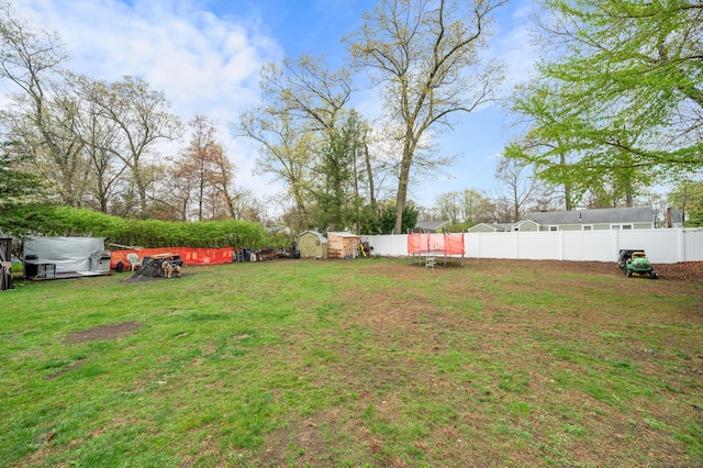 view of yard featuring a storage shed, an outdoor structure, a fenced backyard, and a trampoline