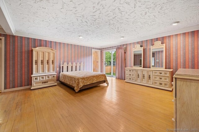 bedroom with ornamental molding, light wood finished floors, access to exterior, and wallpapered walls