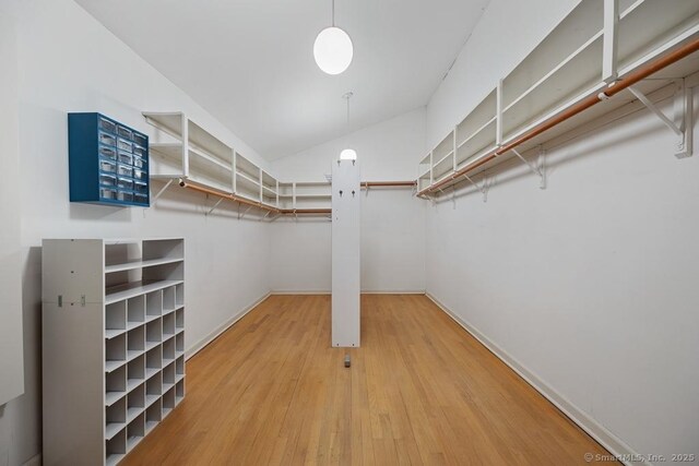 spacious closet with wood finished floors and lofted ceiling