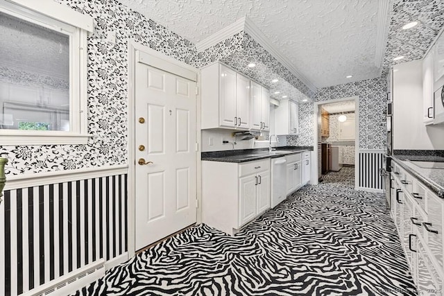 167 Arline Dr, Waterbury, CT 06705 - kitchen with wallpapered walls, white cabinets, a textured ceiling, dishwasher, and crown molding