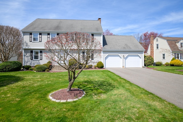 colonial house featuring driveway, a chimney, a front yard, and an attached garage