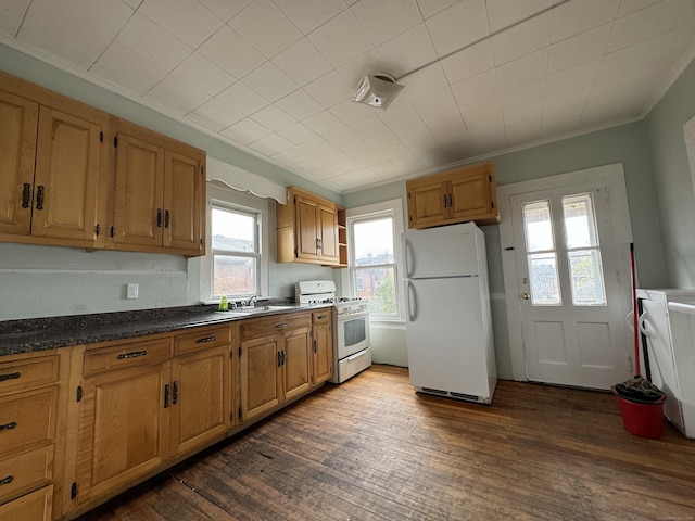 15 Eaton St, Hartford, CT 06114 - kitchen with white appliances, dark wood finished floors, dark countertops, open shelves, and ornamental molding