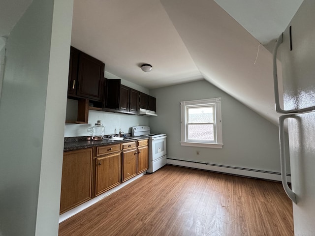 15 Eaton St, Hartford, CT 06114 - kitchen with a baseboard radiator, white range with electric cooktop, light wood-style flooring, lofted ceiling, and a sink