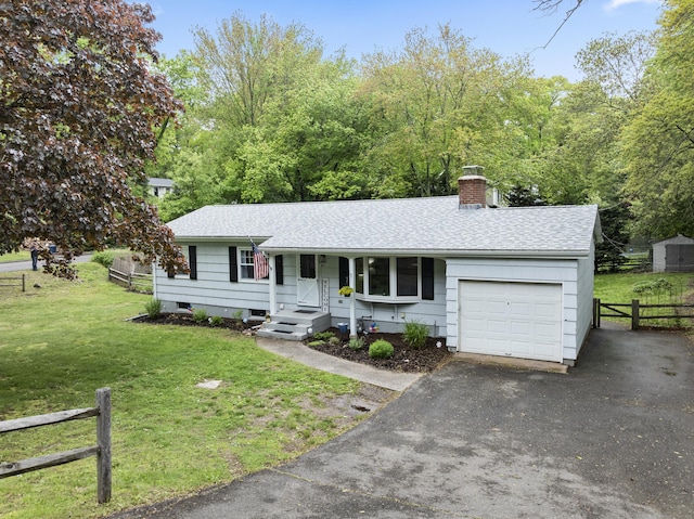 52 Pine Orchard Rd, Branford, CT 06405 - ranch-style house with a shingled roof, a garage, a chimney, a porch, and driveway