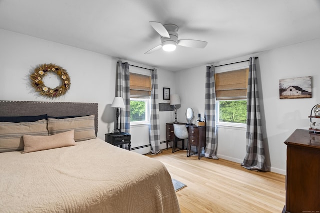 52 Pine Orchard Rd, Branford, CT 06405 - bedroom featuring light wood finished floors, baseboards, a ceiling fan, and a baseboard radiator