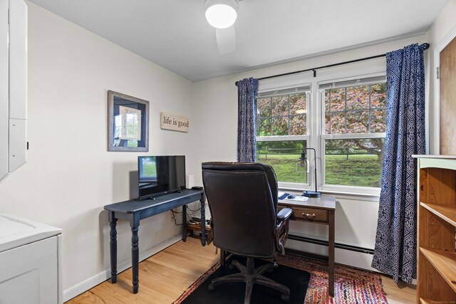 52 Pine Orchard Rd, Branford, CT 06405 - office with light wood-type flooring, a ceiling fan, a baseboard radiator, and baseboards