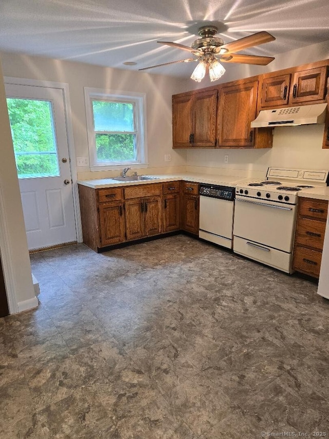 71 Arthur St Apt 2, Torrington, CT 06790 - kitchen with white appliances, under cabinet range hood, brown cabinets, and a ceiling fan