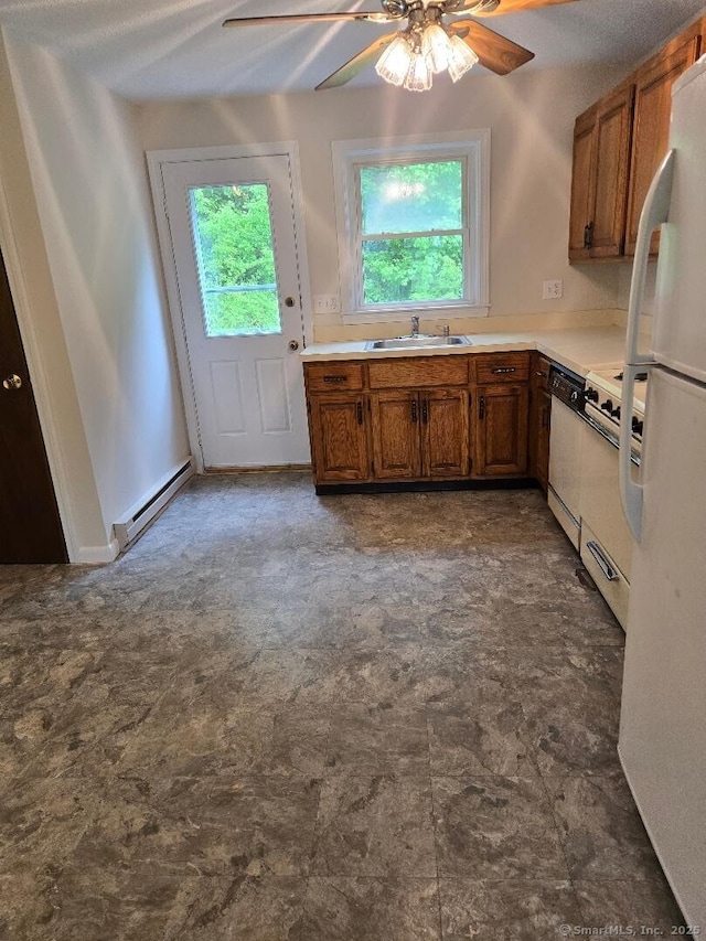 71 Arthur St Apt 2, Torrington, CT 06790 - kitchen featuring a baseboard radiator, a sink, white appliances, brown cabinets, and a ceiling fan