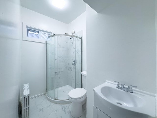 full bathroom with radiator heating unit, marble finish floor, toilet, vanity, and a marble finish shower