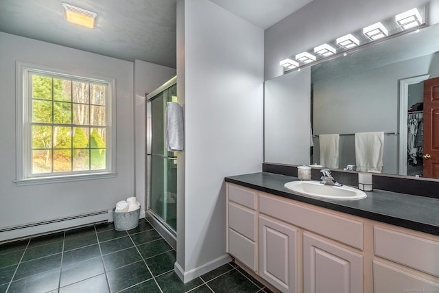bathroom featuring tile patterned floors, a shower stall, baseboard heating, vanity, and visible vents