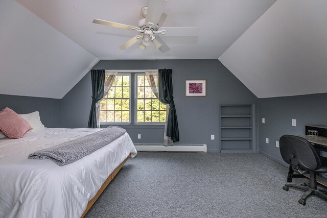 carpeted bedroom with baseboards, a baseboard heating unit, ceiling fan, and vaulted ceiling