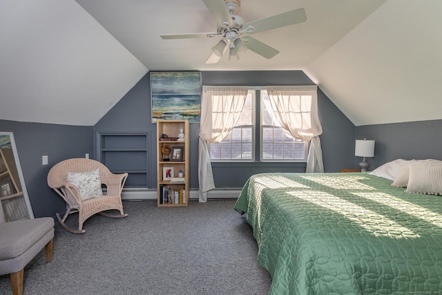carpeted bedroom with baseboard heating, a ceiling fan, and vaulted ceiling