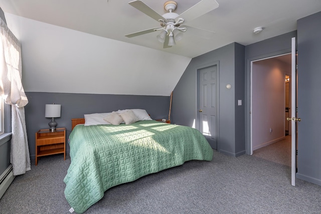 carpeted bedroom featuring baseboard heating, baseboards, ceiling fan, and lofted ceiling
