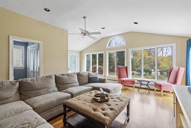 386 Bloomfield Ave, West Hartford, CT 06117 - living room featuring lofted ceiling, light wood-style floors, and ceiling fan