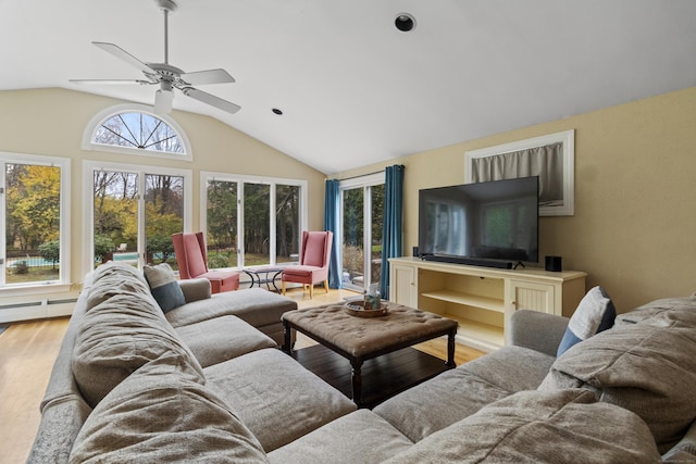 386 Bloomfield Ave, West Hartford, CT 06117 - living area featuring vaulted ceiling, ceiling fan, a wealth of natural light, and wood finished floors