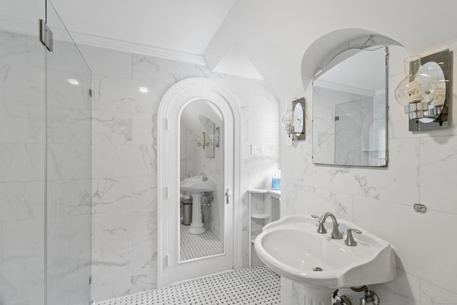 386 Bloomfield Ave, West Hartford, CT 06117 - full bath with walk in shower, tile walls, ornamental molding, and a sink