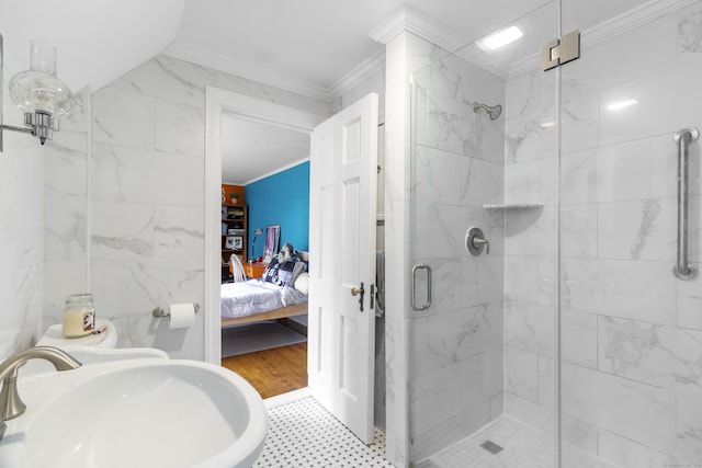 386 Bloomfield Ave, West Hartford, CT 06117 - ensuite bathroom with a stall shower, ensuite bathroom, a sink, and crown molding