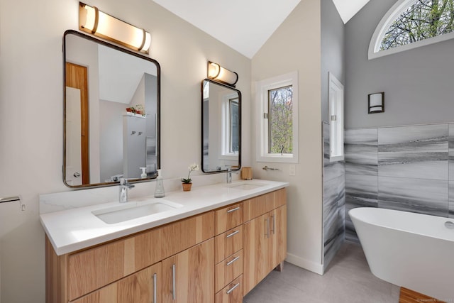bathroom featuring vaulted ceiling, a freestanding bath, double vanity, and a sink
