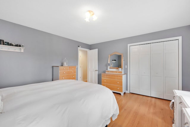 bedroom featuring light wood-type flooring and a closet
