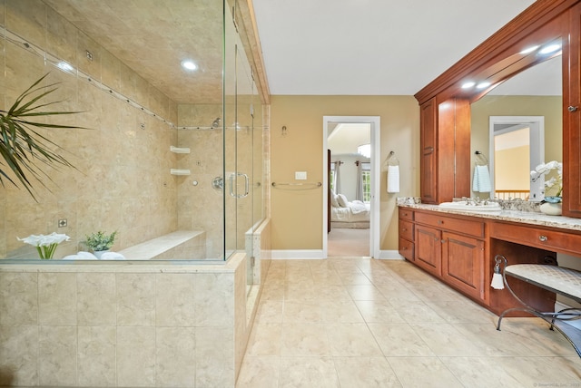 420 Winding Rdg, Southington, CT 06489 - ensuite bathroom featuring a stall shower, vanity, tile patterned flooring, baseboards, and recessed lighting