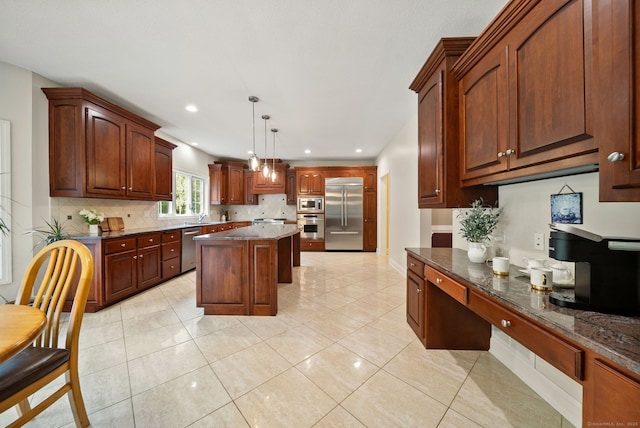 420 Winding Rdg, Southington, CT 06489 - kitchen with built in appliances, decorative backsplash, a center island, light tile patterned floors, and recessed lighting