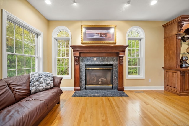 420 Winding Rdg, Southington, CT 06489 - living area with a premium fireplace, wood finished floors, baseboards, plenty of natural light, and recessed lighting