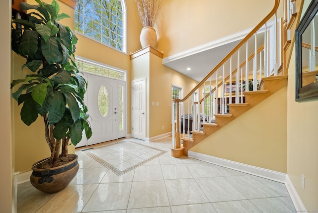 420 Winding Rdg, Southington, CT 06489 - foyer featuring baseboards, a high ceiling, stairway, tile patterned flooring, and recessed lighting
