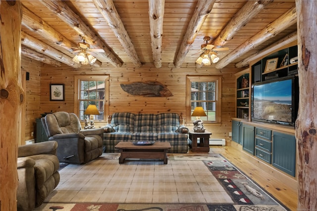 187 Chaplin Rd, Eastford, CT 06242 - living area with a baseboard radiator, hardwood / wood-style floors, ceiling fan, beamed ceiling, and wooden ceiling